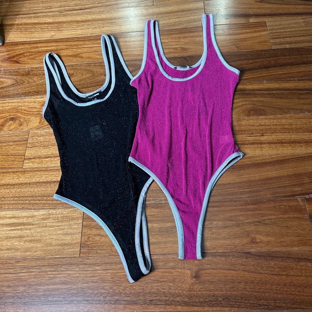 Fashion Nova Women Glitter Mesh High Cut Thong Bodysuit Set‎ Black Pink Size S